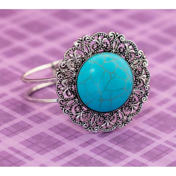 Vintage Art Nouveau Art Nouveau Floral Circle Blue Bead Hinged Bangle 7 1/2 inch - Picture 2 of 4